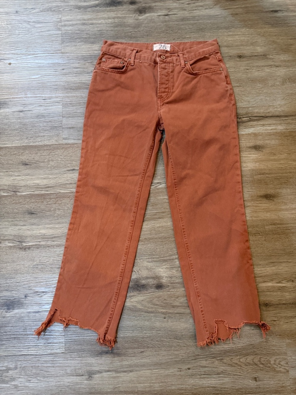 Free People Burnt Orange High-Rise Straight Jeans with Frayed Hem - Picture 1 of 4